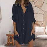 Women Solid Baggy Long Sleeve Shirt Dress Beach Cover Up Loose Button Down Top