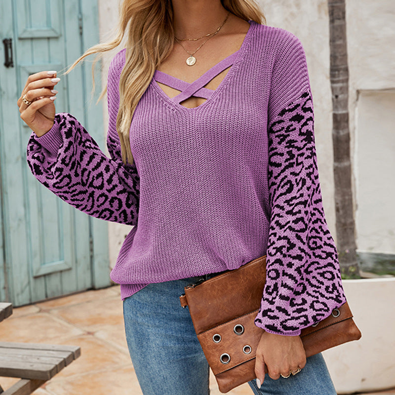 V-Neck Knit Tie-Front Leopard Print Pullover Sweater