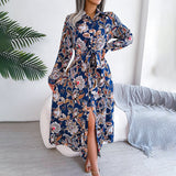 Tropical Floral Print Belted Shirt Maxi Dress Long Sleeve