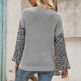 V-Neck Knit Tie-Front Leopard Print Pullover Sweater