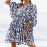 Women's Floral String Puff Sleeve Loose Mini Dress