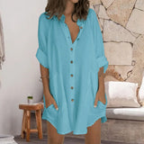 Women Solid Baggy Long Sleeve Shirt Dress Beach Cover Up Loose Button Down Top