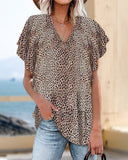 V Neck Leopard Flutter Short Sleeve Top