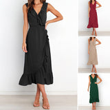 Women Solid Sleeveless Ruched Frill Ruffles Maxi V-Neck Dress