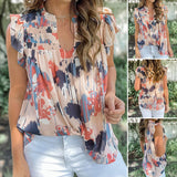 Abstract Print V Neck Shirred Ruffled Sleeveless Chiffon Top - Blue & Pink