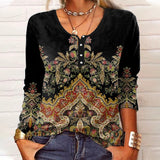 Women Floral Geometric Button Solid Color Long Sleeve T-Shirt