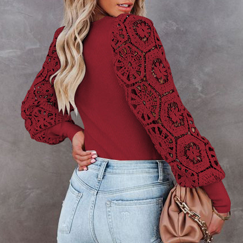 Women's Solid Color Long Cutout Lace Sleeves Crew Neck Shirt Top
