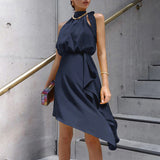 Women Tie Back Asymmetrical Hem Halter Satin Dress