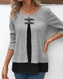 Ribbed Layered Buckle Crew Neck Fake 2 Piece Pullover