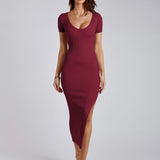 Women's Ribbed Crew Neck Solid Color Short Sleeve Tight Slit Long Dress