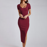 Women's Ribbed Crew Neck Solid Color Short Sleeve Tight Slit Long Dress