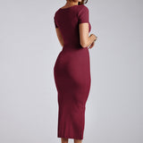 Women's Ribbed Crew Neck Solid Color Short Sleeve Tight Slit Long Dress