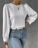 Lantern Sleeve Pleated Crew Neck Solid Long Sleeve Blouse