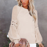 Women's Solid Color Long Cutout Lace Sleeves Round Neck Shirt Top