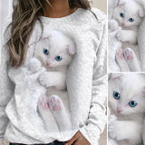 Women Crew Neck White Cat Print Sweatshirt