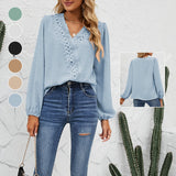 Women Chiffon Pom Pom Lace Patchwork V Neck Blouse