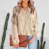 Women Chiffon Pom Pom Lace Patchwork V Neck Blouse