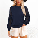 Women's Solid Color Long Cutout Lace Sleeves Round Neck Shirt Top