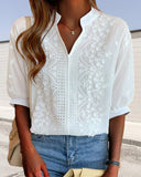 Eyelet Floral Embroidery V Neck Short Sleeves Blouse