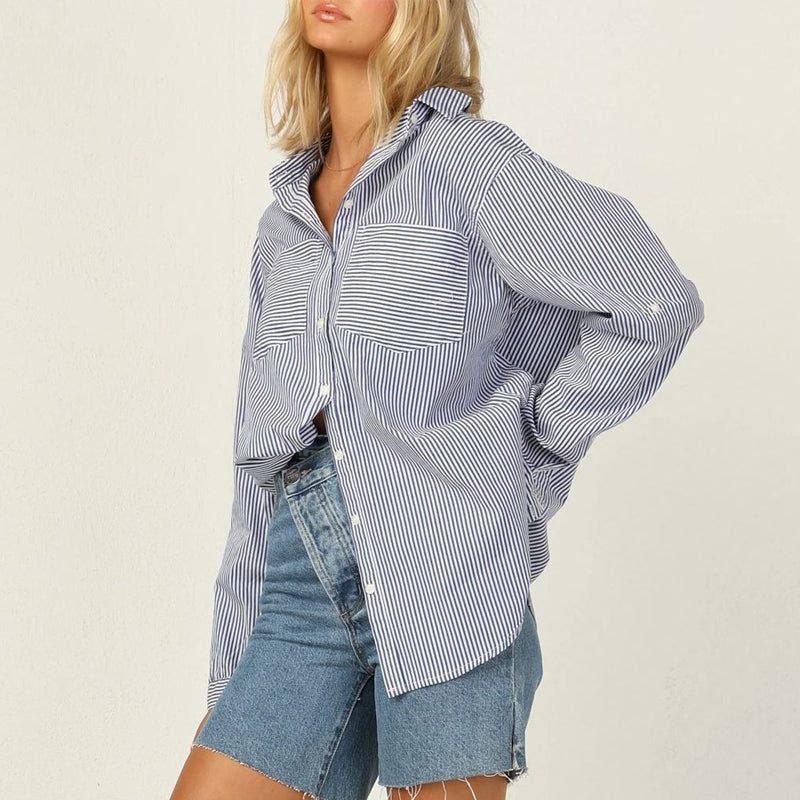 Women's Striped Pocket Solid Color Long Sleeve Shirt Blouse