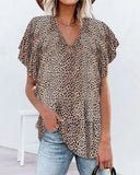 V Neck Leopard Flutter Short Sleeve Top