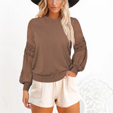 Women's Solid Color Long Cutout Lace Sleeves Round Neck Shirt Top