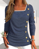 Lace Trim Button Decor Square Neck Long Sleeve Tunic Top Shirt