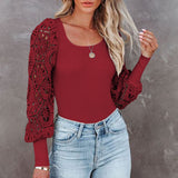 Women's Solid Color Long Cutout Lace Sleeves Crew Neck Shirt Top