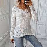 Round Neck Eyelet Embroidery Hem Button decoration Knitted top