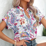 Women's Boho Floral Print V-neck Batwing Short Sleeve Contrast Top