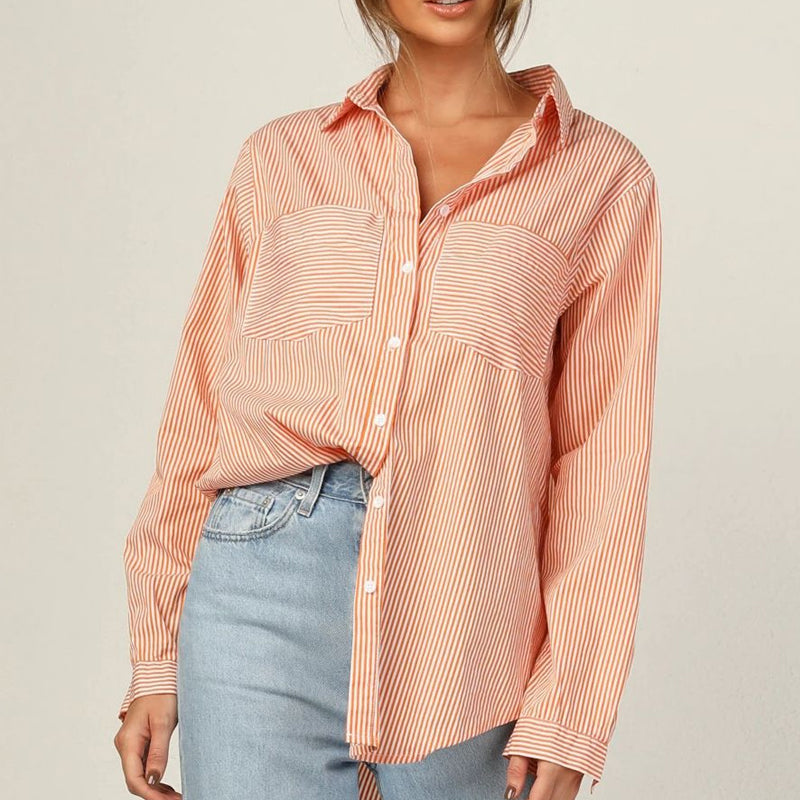 Women's Striped Pocket Solid Color Long Sleeve Shirt Blouse