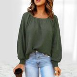 Women Square Neck Long Puff Sleeve Raglan Waffle Knit Shirt Top