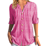 Striped Button Middle Sleeve Casual V Neck Shirt Blouse