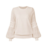 Women's Solid Color Long Cutout Lace Sleeves Round Neck Shirt Top