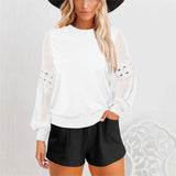 Women's Solid Color Long Cutout Lace Sleeves Round Neck Shirt Top
