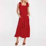 Women Plain Tie Shoulder Ruffle Hem Maxi Dress