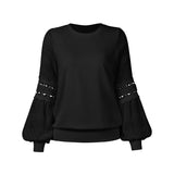 Women's Solid Color Long Cutout Lace Sleeves Round Neck Shirt Top