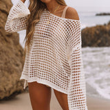 Women Hollow Out Split Hem Drop Shoulder Solid Cover Up Fishnet Beach Dress