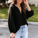 Women's Notched V Neck Lantern Sleeve Plain Blouse
