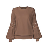 Women's Solid Color Long Cutout Lace Sleeves Round Neck Shirt Top