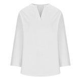 V-neck Plain Long Sleeve Linen Casual Shirt Blouse