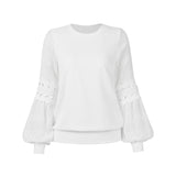 Women's Solid Color Long Cutout Lace Sleeves Round Neck Shirt Top