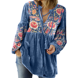 Women's V Neck Tie Front Gathered Floral Long Sleeve Velvet Tunic Blouse