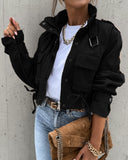 Buckled High Neck Utility Crop Moto Jacket