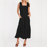 Women Plain Tie Shoulder Ruffle Hem Maxi Dress