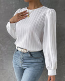 Lantern Sleeve Pleated Crew Neck Solid Long Sleeve Blouse