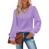 Women's V-Neck Cutout Casual Pleated Sleeve Top Shirt