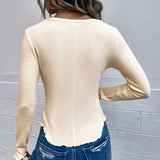 Women's Crew Neck Skinny Ribbed Ruffle-Hem Button Cropped Knitwear