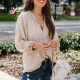 Women's Notched V Neck Lantern Sleeve Plain Blouse