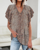 V Neck Leopard Flutter Short Sleeve Top